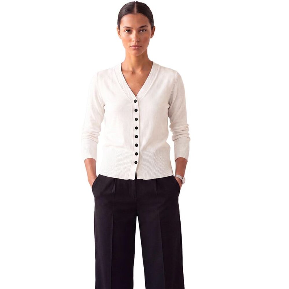 Women Knit Cardigan Long Sleeve Cinched Waist V Neck Office Tops White